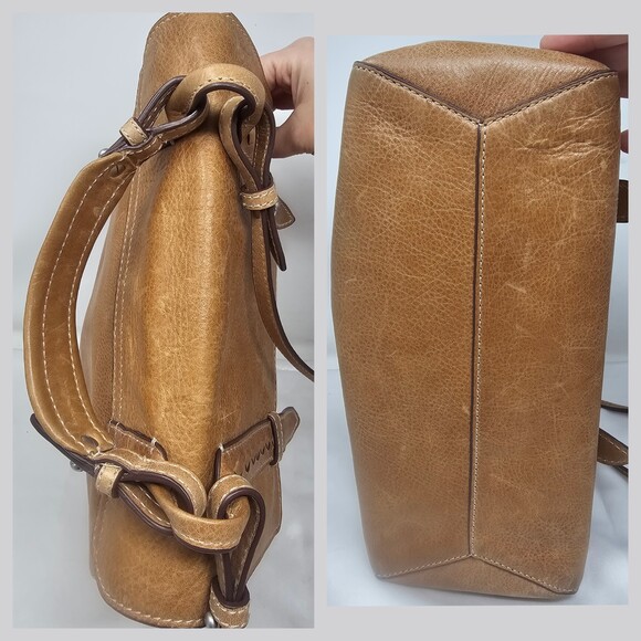 Frye Tan Distressed Leather Reed Flap Satchel Bag Purse Shoulderbag Top Handle - Picture 3 of 13